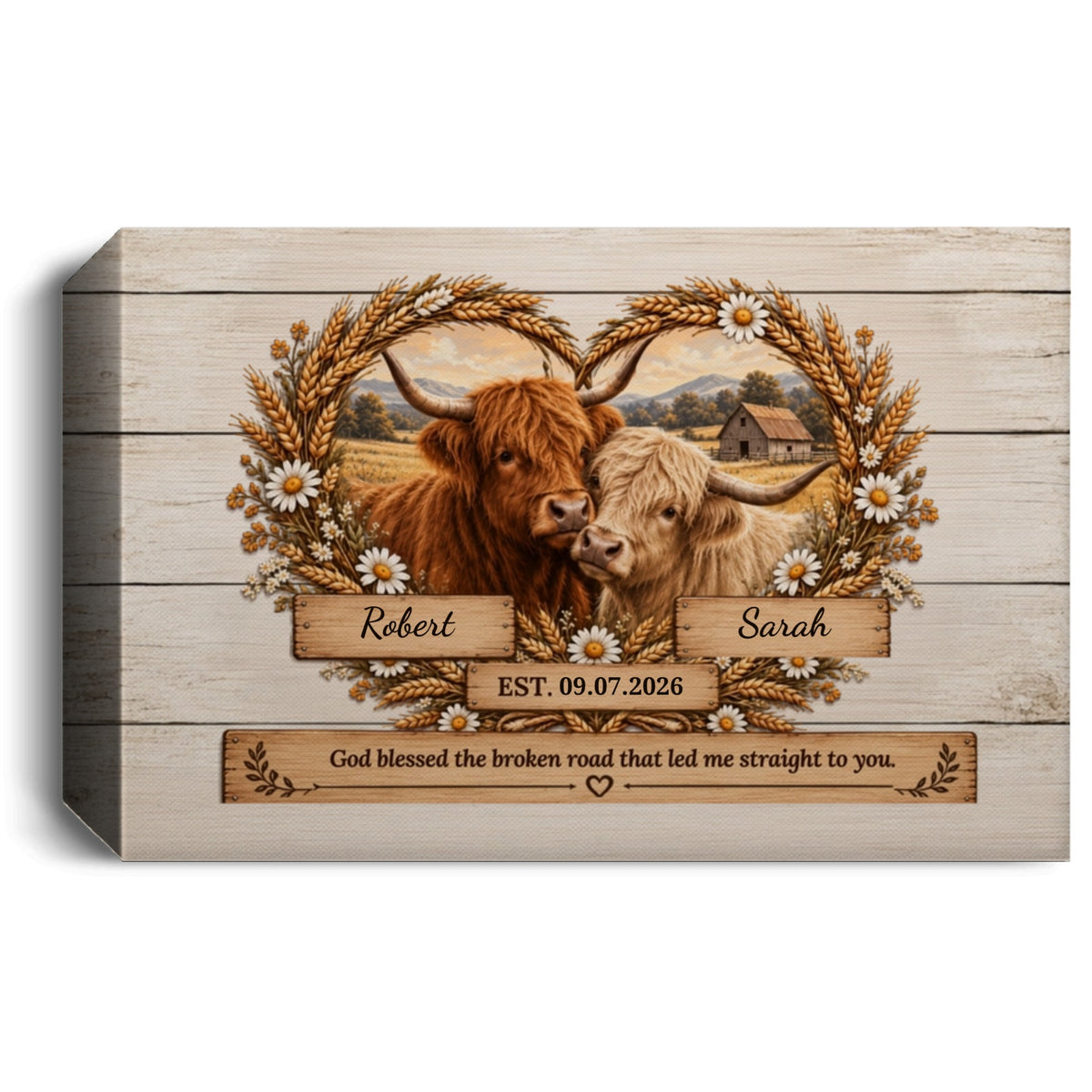 Personalized Highland Cow Couple Canvas | God Blessed the Broken Road Wall Art (Never Sold before)