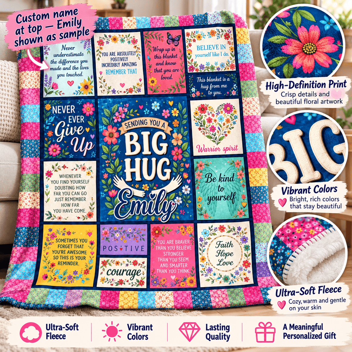 A personalized floral fleece quilted blanket shown draped over a sofa, with a pink 'Custom name at top - Emily shown as sample' badge. The quilt features multiple colorful floral panels with inspirational quotes and the name 'Emily' in the center.