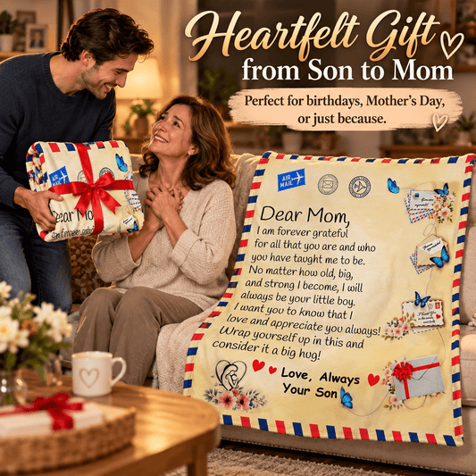 A man presents a wrapped gift box to a woman sitting on a couch in a cozy living room. The gift box is wrapped in a vintage-style red and blue striped paper with a red bow.