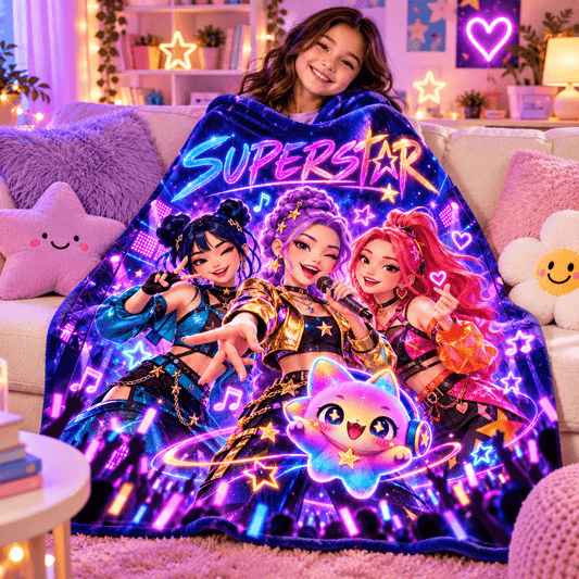 A young girl sits on a couch wrapped in a large plush blanket featuring colorful cartoon girl characters, music notes, stars, and the word "SUPERSTAR" in glowing neon-style lettering. The room is softly lit with pink and purple ambient lights, pillows, and decor in the background.