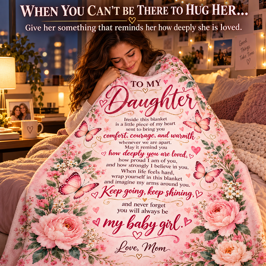 A woman in a bedroom holds a pink floral blanket with a sentimental message for her daughter. The blanket features pink roses, butterflies, and cursive text reading 'TO MY Daughter' and a heartfelt message.