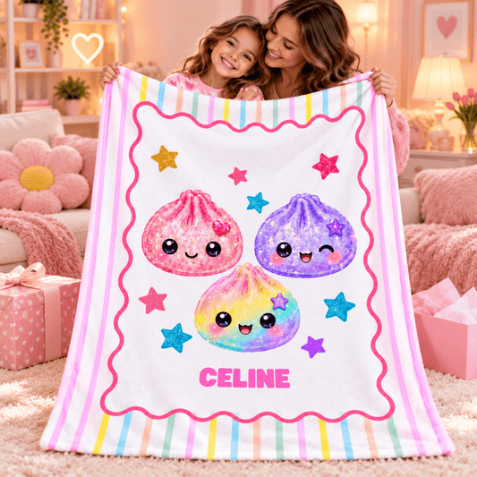 Personalized Girls Cozy Plush Fleece Blanket 50×60 – Cute Kawaii Friends With Custom Name