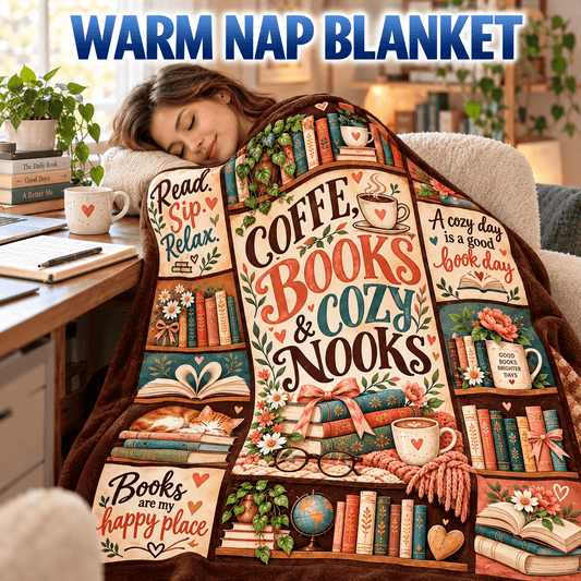 Coffee Books & Cozy Nooks Blanket – Vintage Book Lover Cozy Plush Fleece Reading Gift for Women & Daughters – 50"×60"