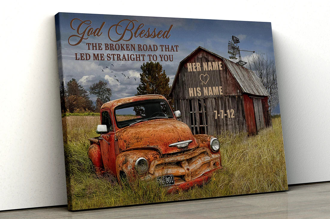 Personalized God Blessed The Broken Road Canvas β Custom His & Her Names, Wedding Date Wall Art