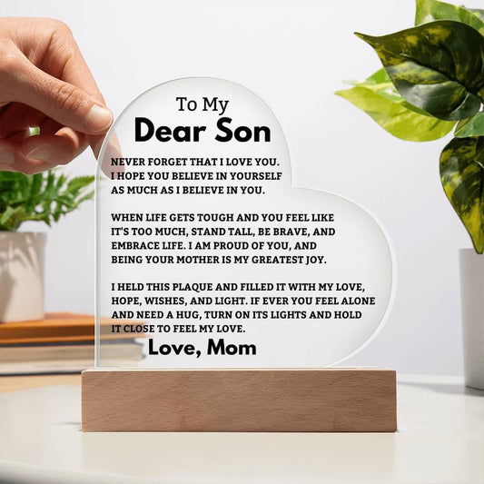 Son Gift- Believe In Yourself- LED Heart Acrylic Plaque- From Mom - Charming Family Gift