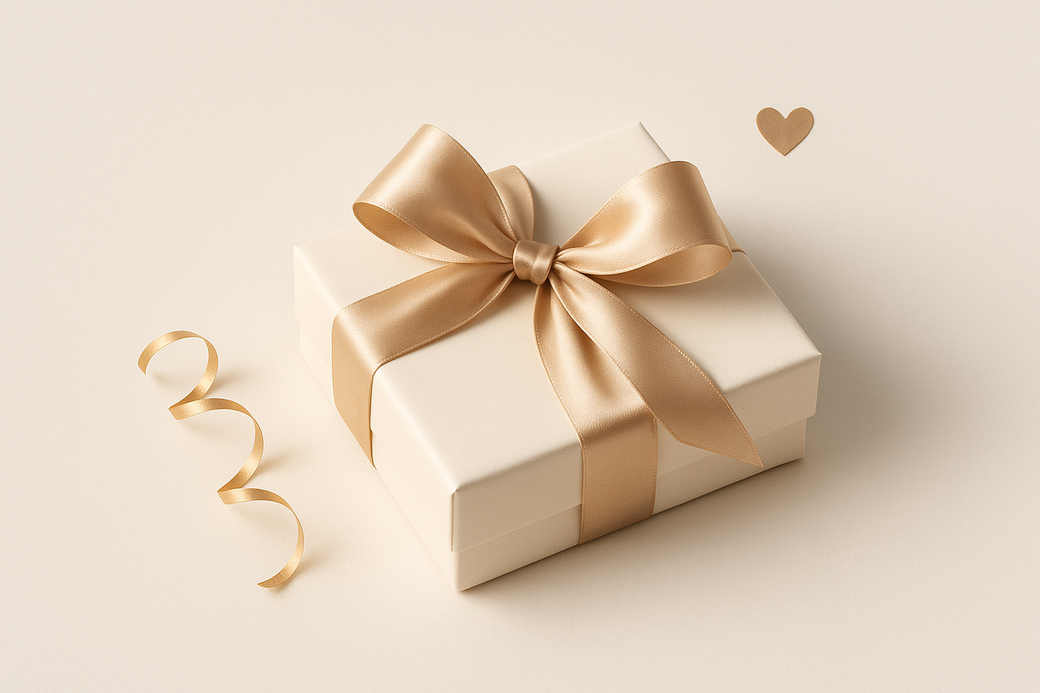 A minimal, soft-light product banner for an online gift shop named “Charming Family Gift”. Show a neatly wrapped gift box with a satin ribbon, placed on a clean white surface with soft shadows and warm natural lighting. Add subtle festive elements (like a gold ribbon curl or a heart shape). Background color #F4F4F4, square composition, ultra-realistic 4K detail. Perfect for Shopify hero section.