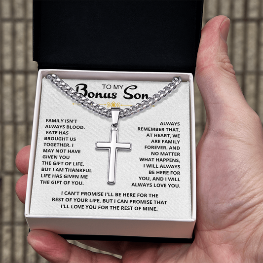 To My Bonus Son - "My Family Forever" Artisan Cross Cuban Link Chain Gift Set – CFG01