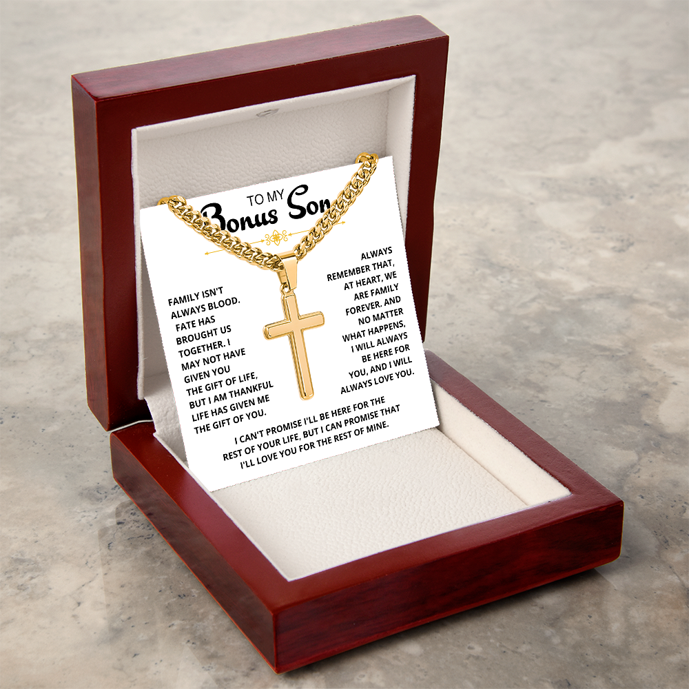 To My Bonus Son - "My Family Forever" Artisan Cross Cuban Link Chain Gift Set – CFG01