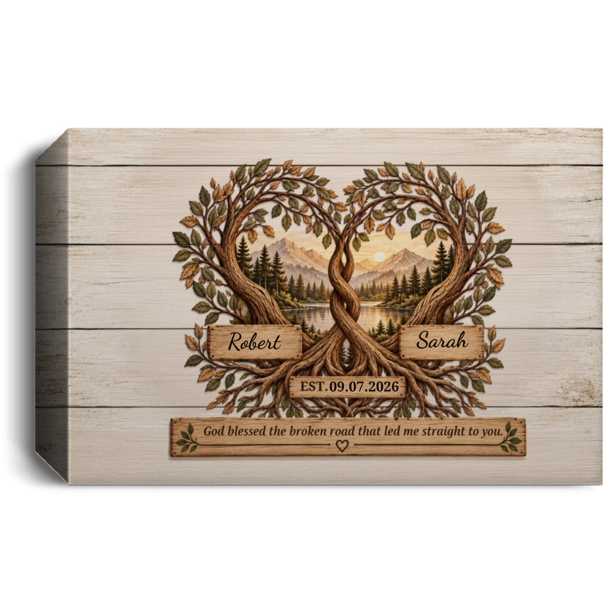 Personalized Tree of Life Couple Canvas | God Blessed the Broken Road Wall Art | Custom Names & Date Rustic Anniversary Gift