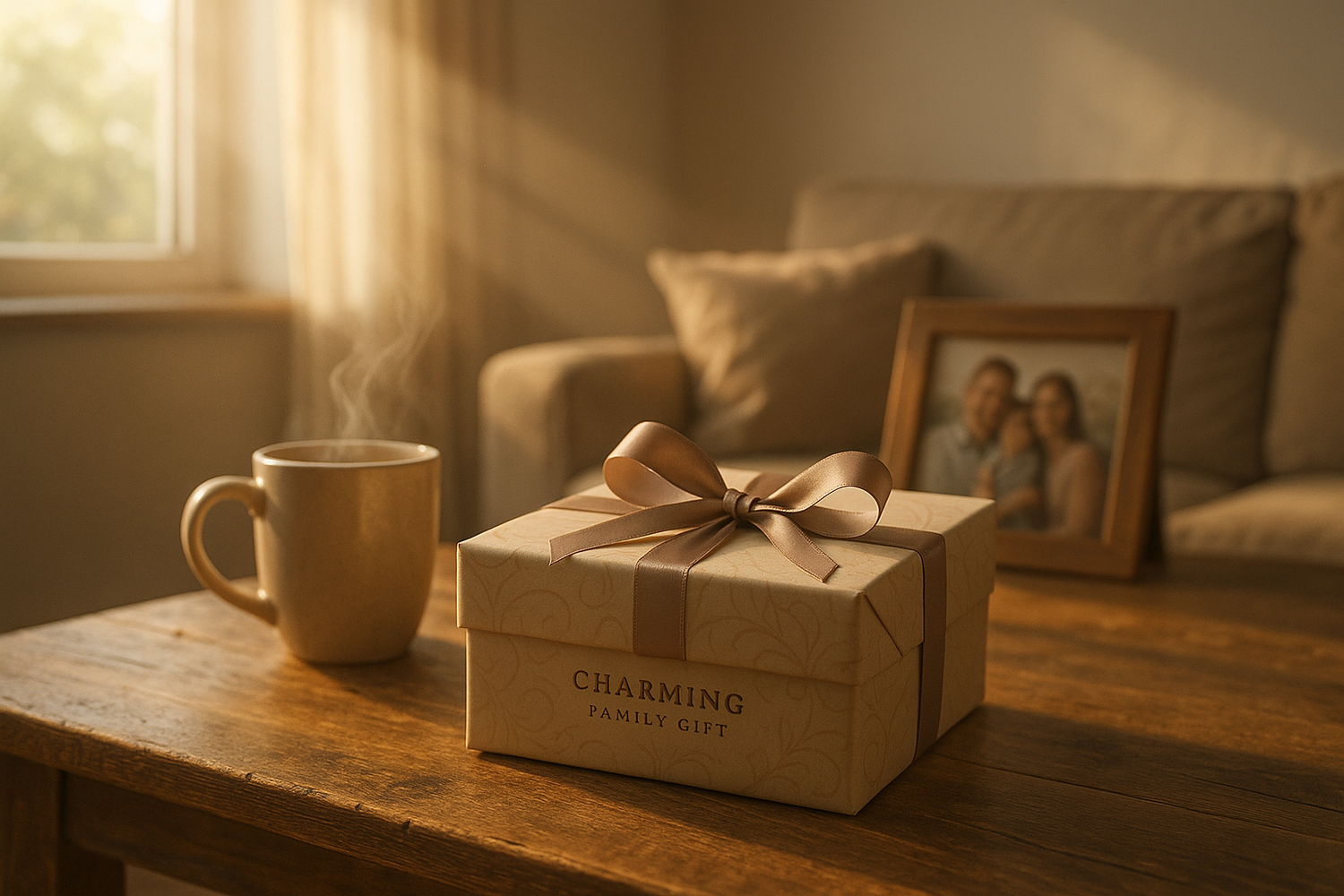 Warm, cozy living room scene with soft morning light. A neatly wrapped gift box from “Charming Family Gift” placed on a wooden table beside a coffee mug and a family photo frame in the background. The mood should feel heartwarming and emotional — like a quiet, thoughtful moment before gifting. Background soft beige (#F5F5F5), realistic lighting, premium 4K detail, square 1:1 composition, natural shadows.
