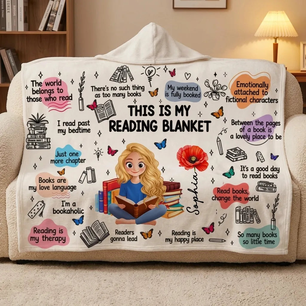 Cozy bookworm blanket with reading quotes