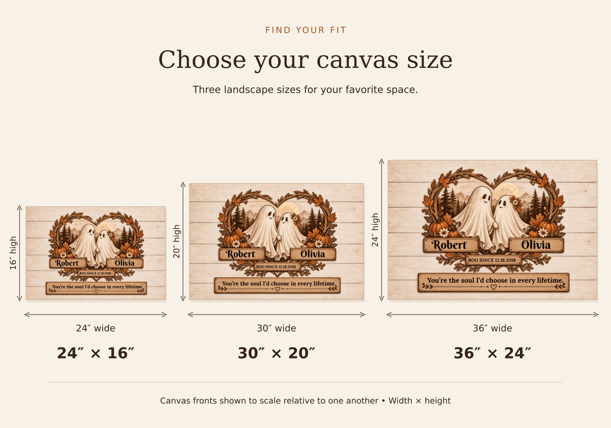 A size comparison chart showing three canvas size options for a personalized canvas print: 24" x 16", 30" x 20", and 36" x 24". The chart displays the wood-grain texture of the canvas with a graphic of two ghosts in a forest surrounded by pumpkins and a heart, along with customizable names 'Robert' and 'Olivia'.