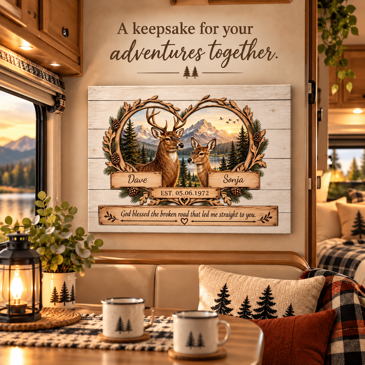 "God Bless The Broken Road," Personalized Deer Couple Canvas Wall Art