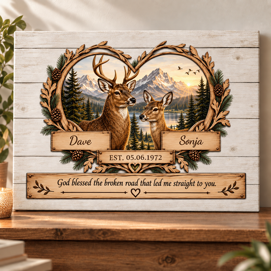 "God Bless The Broken Road," Personalized Deer Couple Canvas Wall Art