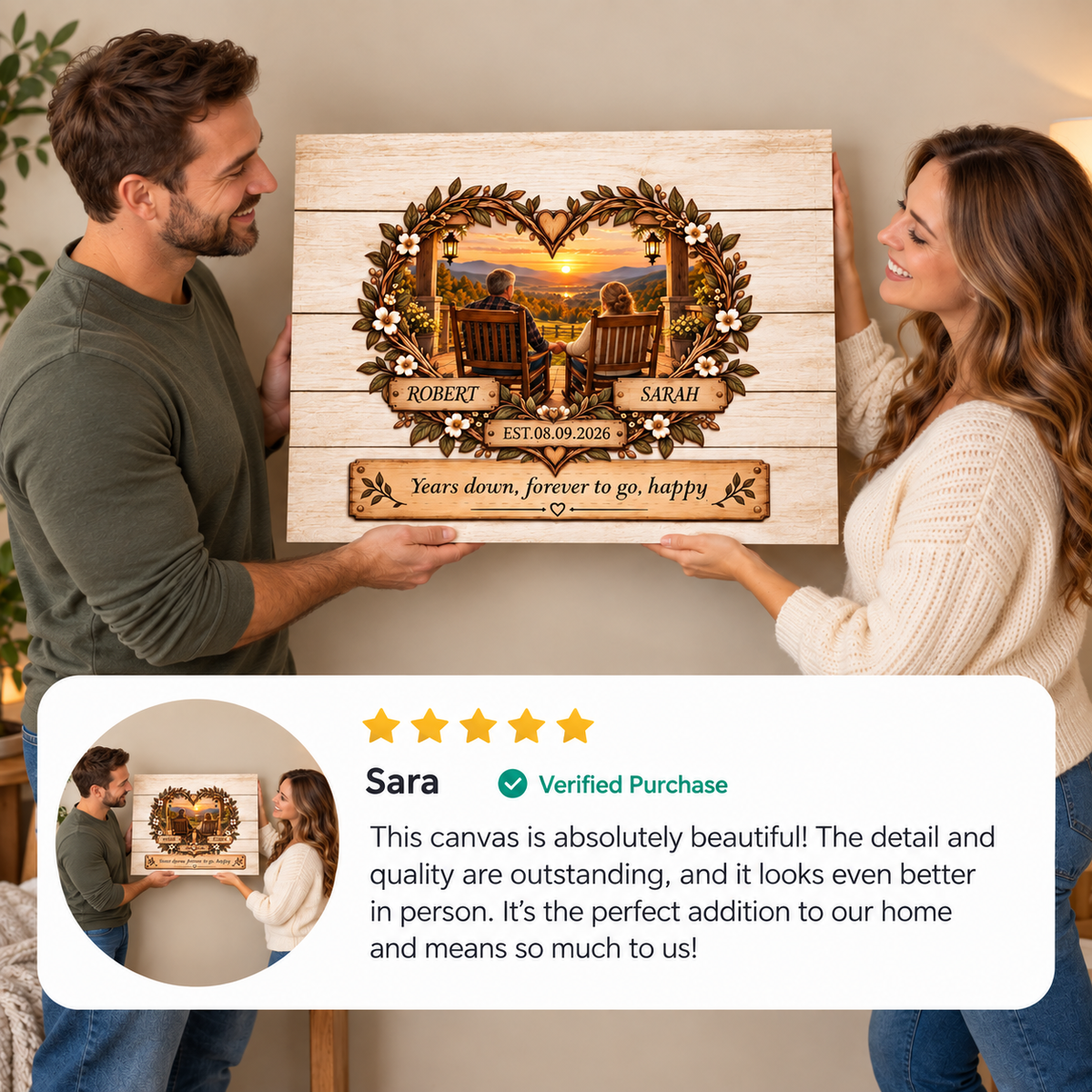 Personalized Couple Sunset Canvas | Years Down Forever to Go Wall Art | Custom Names & Date Romantic Anniversary Gift