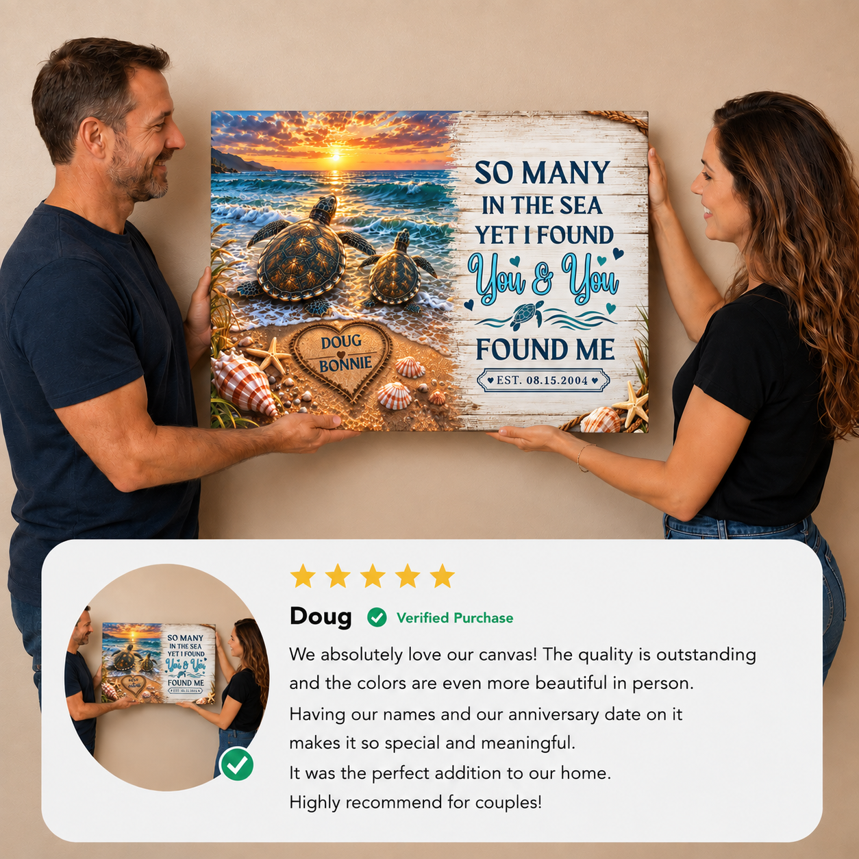 Personalized Sea Turtle Couple Canvas | Custom Names & Date Beach Wall Art | Romantic Ocean Anniversary Gift for Couples