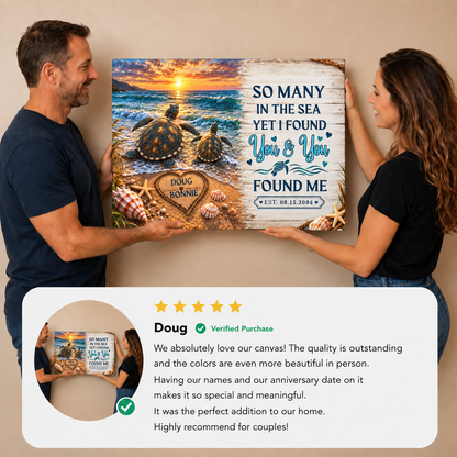 Personalized Sea Turtle Couple Canvas | Custom Names & Date Beach Wall Art | Romantic Ocean Anniversary Gift for Couples