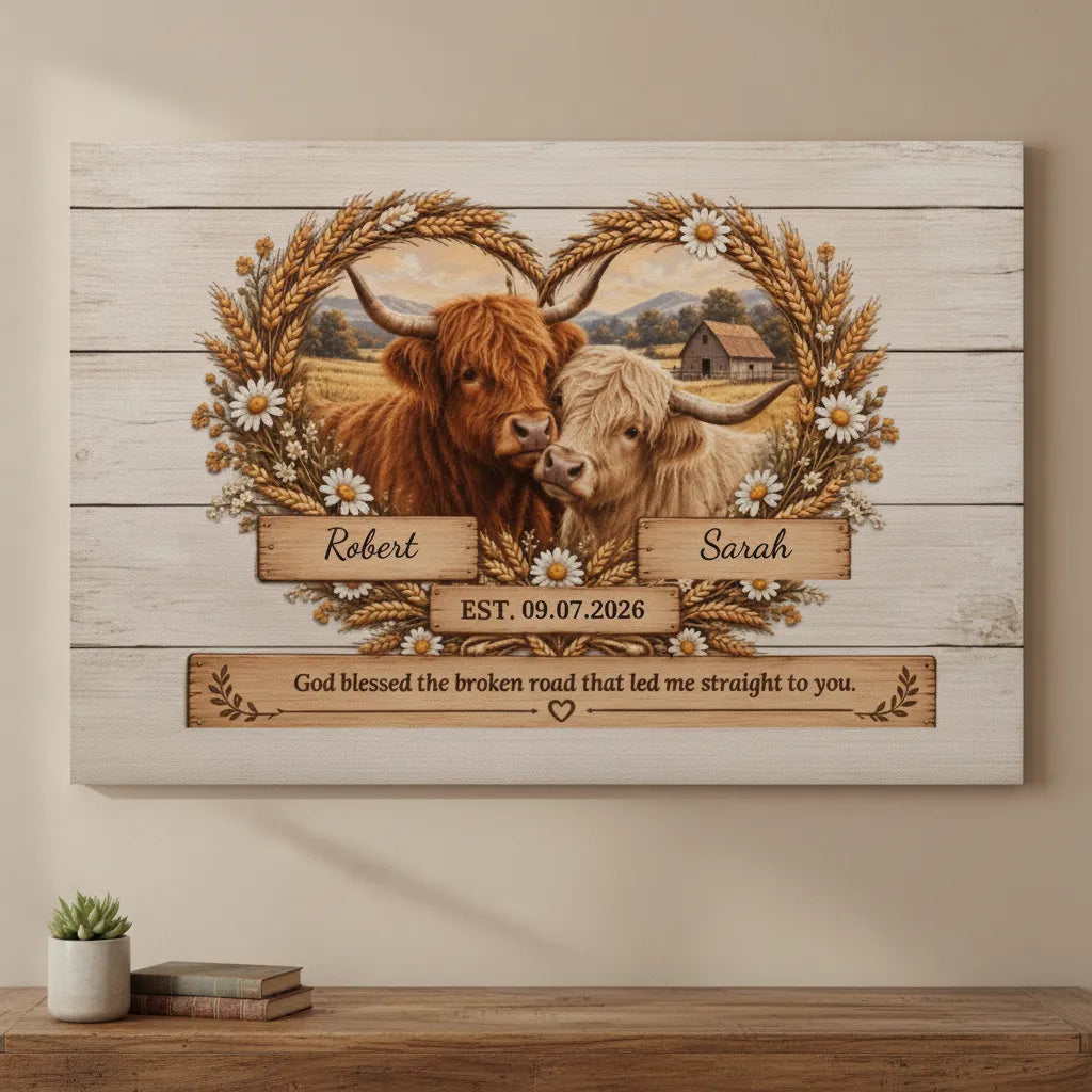 Personalized Highland Cow Couple Canvas | God Blessed the Broken Road Wall Art (Never Sold before)
