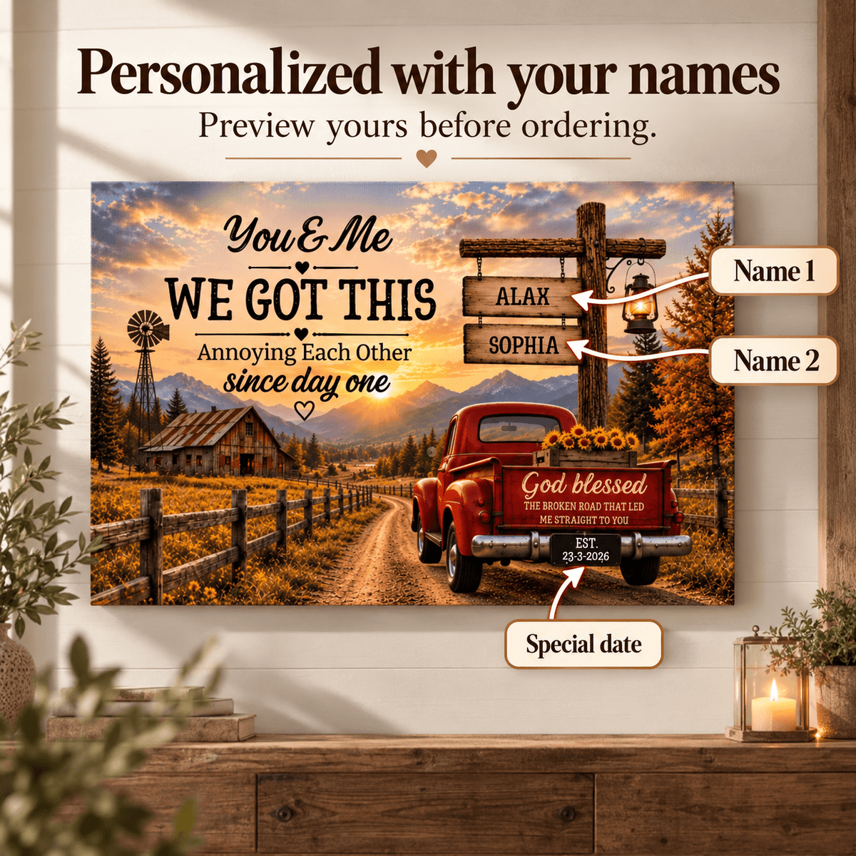 "You & Me We Got This," Custom Couple Farmhouse Truck Canvas
