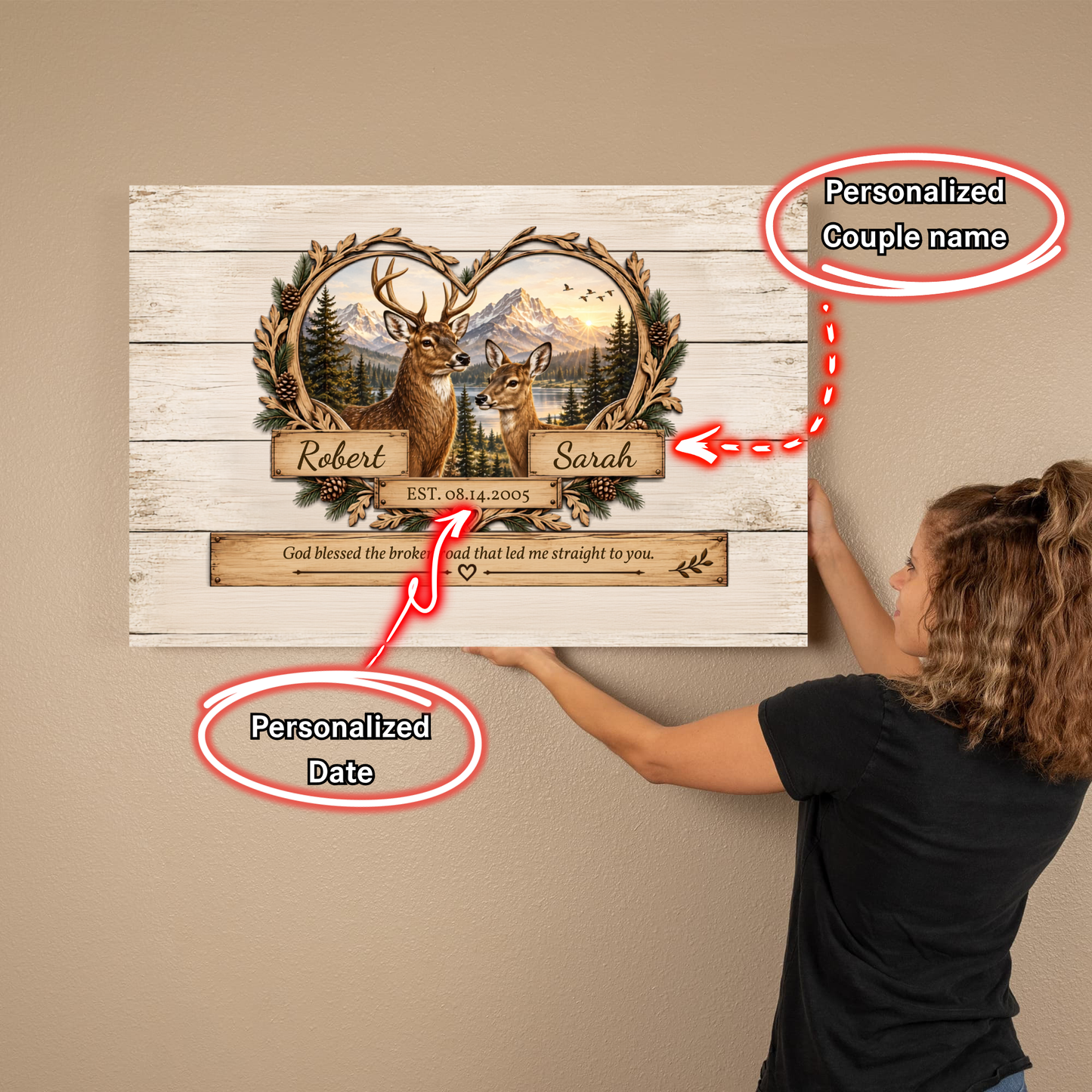 Personalized Deer Couple Canvas | Rustic Deer Wall Art with Custom Names & Date | Romantic Woodland Anniversary Gift for Couples