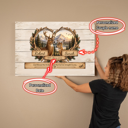 Personalized Deer Couple Canvas | Rustic Deer Wall Art with Custom Names & Date | Romantic Woodland Anniversary Gift for Couples