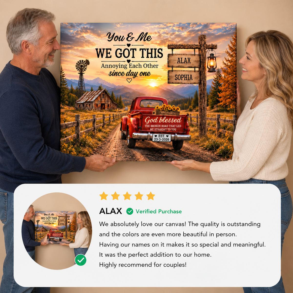 Personalized Couple Farmhouse Canvas | Custom Names & Date Rustic Truck Wall Art | Romantic Country Anniversary Gift for Couples