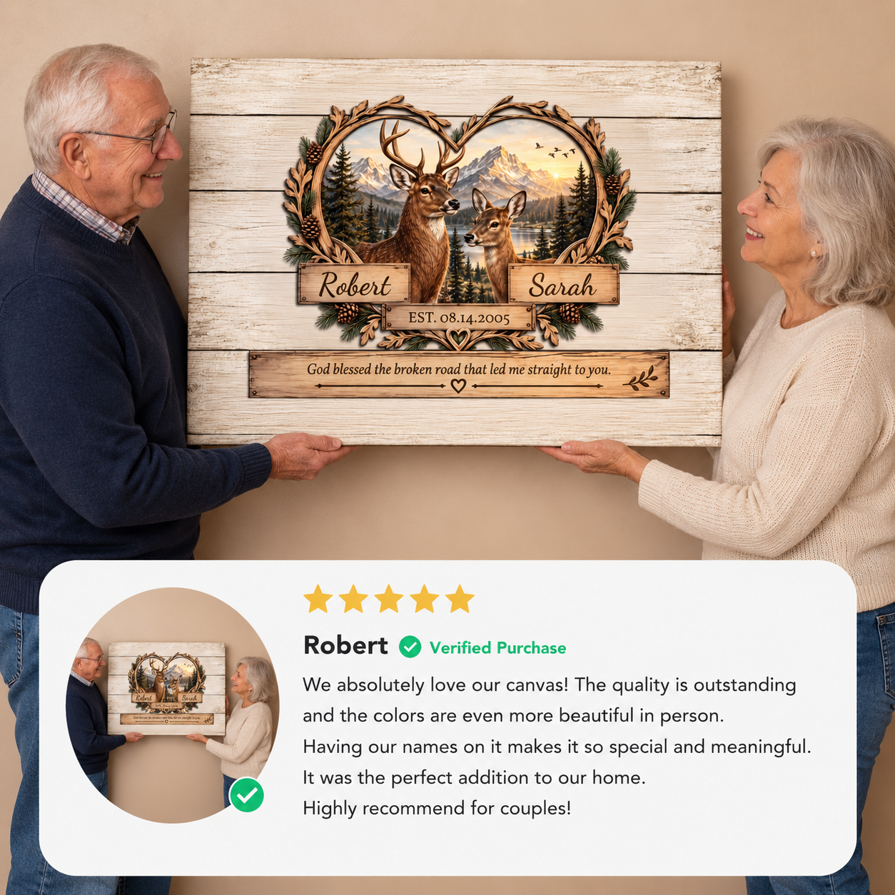 Personalized Deer Couple Canvas | Rustic Deer Wall Art with Custom Names & Date | Romantic Woodland Anniversary Gift for Couples