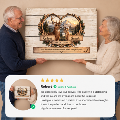 Personalized Deer Couple Canvas | Rustic Deer Wall Art with Custom Names & Date | Romantic Woodland Anniversary Gift for Couples