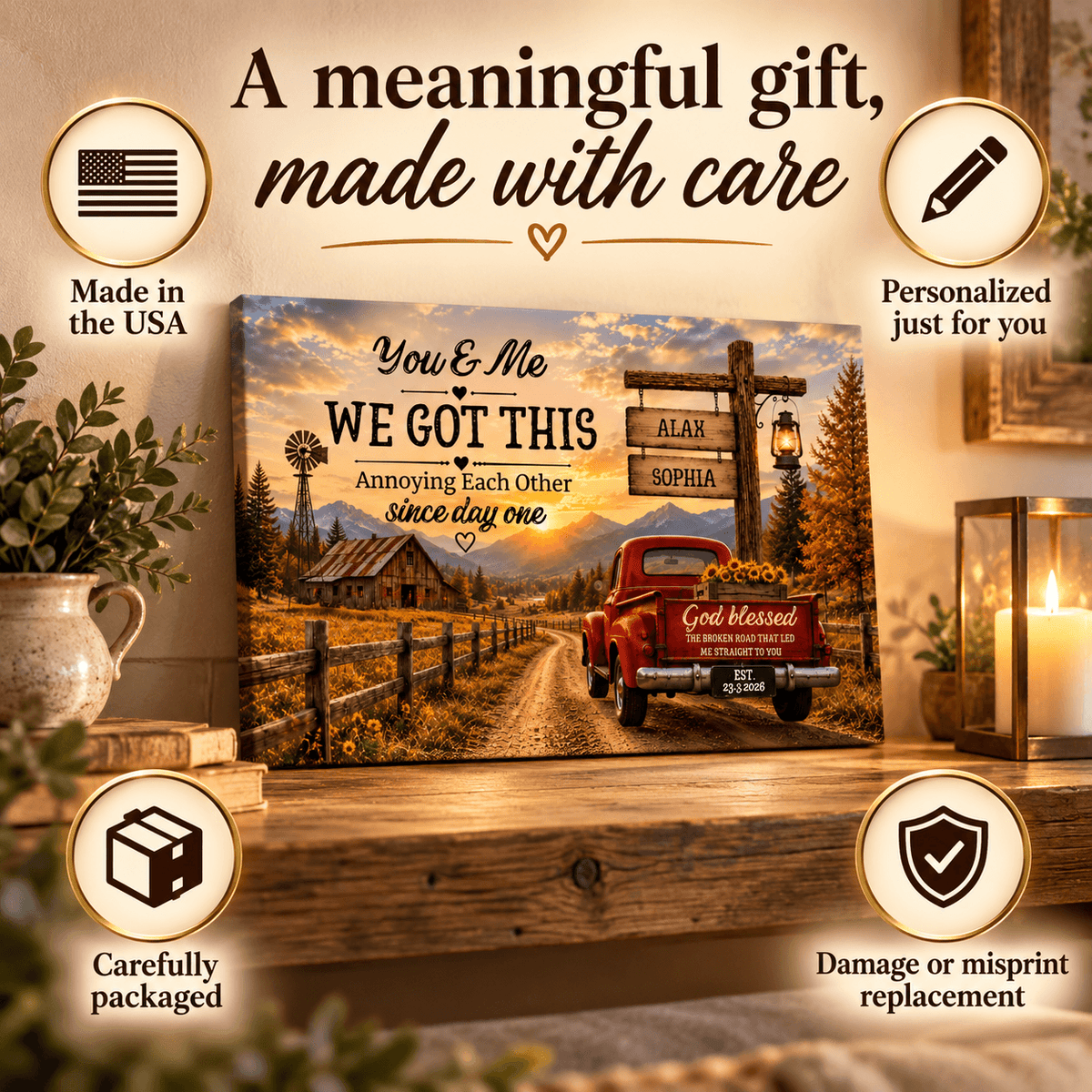 "You & Me We Got This," Custom Couple Farmhouse Truck Canvas