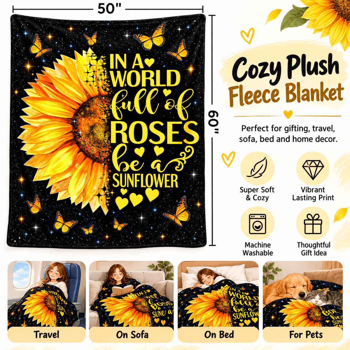 Be a Sunflower Inspirational Blanket – Sunflower & Butterfly Gift for Women and Daughters – 50"×60"