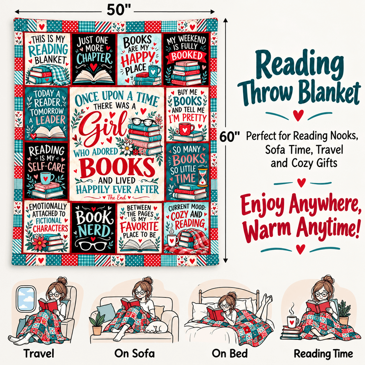 Book Lover Blanket for Women & Daughters – Once Upon a Time Reading Cozy Plush Fleece Blanket – Size 50" x 60"