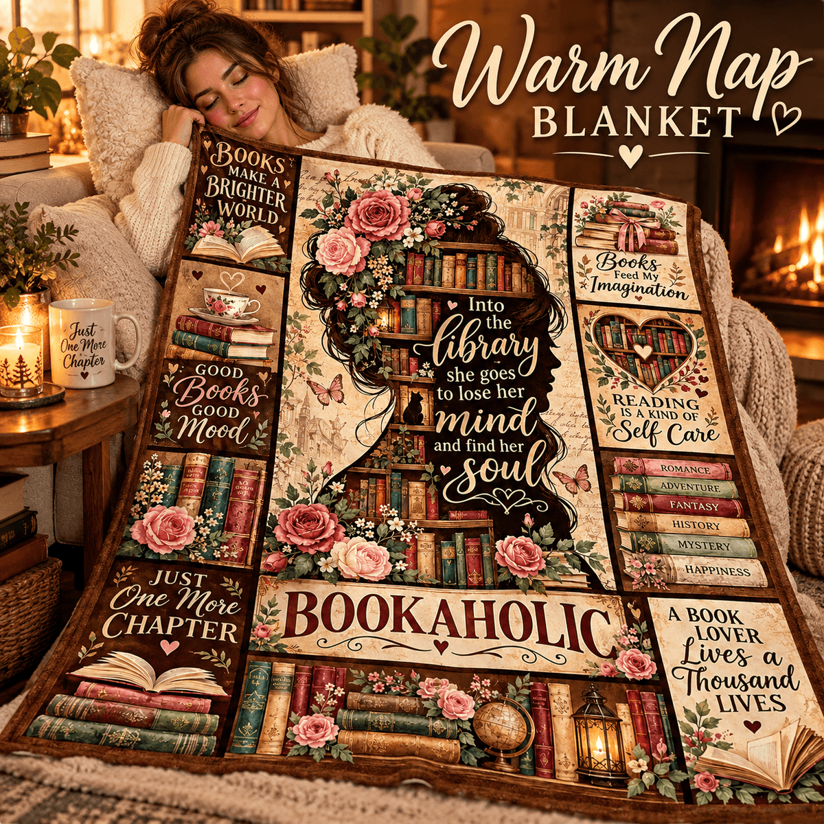 Bookaholic Book Lover Blanket – Vintage Floral Library Cozy Plush Fleece Reading Gift for Women & Daughters – 50