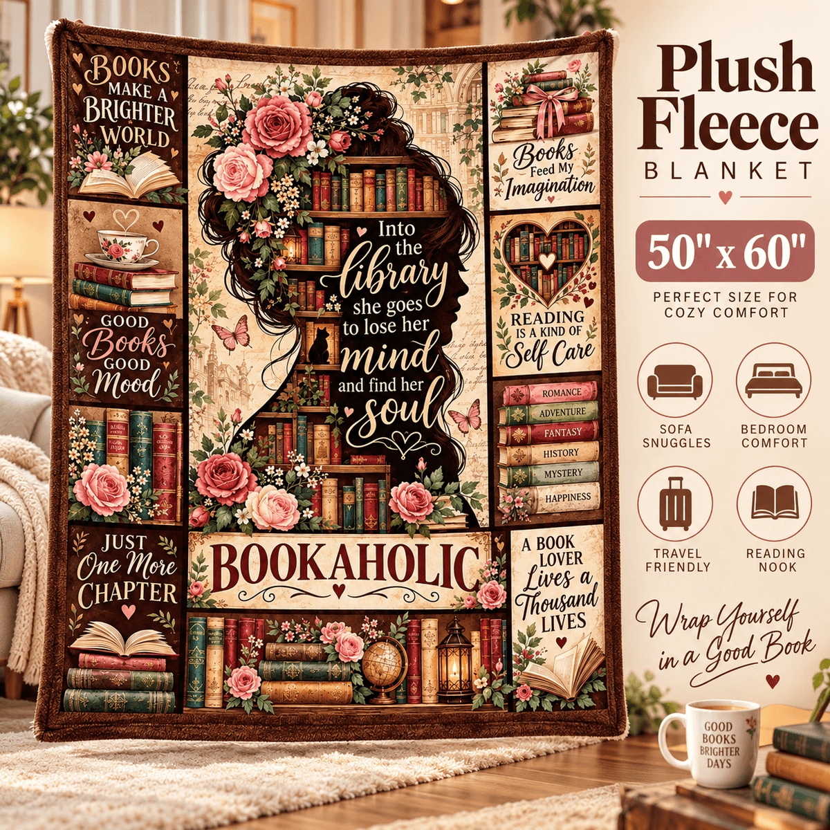 Bookaholic Book Lover Blanket – Vintage Floral Library Cozy Plush Fleece Reading Gift for Women & Daughters – 50
