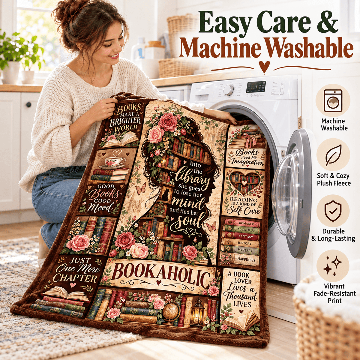 Bookaholic Book Lover Blanket – Vintage Floral Library Cozy Plush Fleece Reading Gift for Women & Daughters – 50