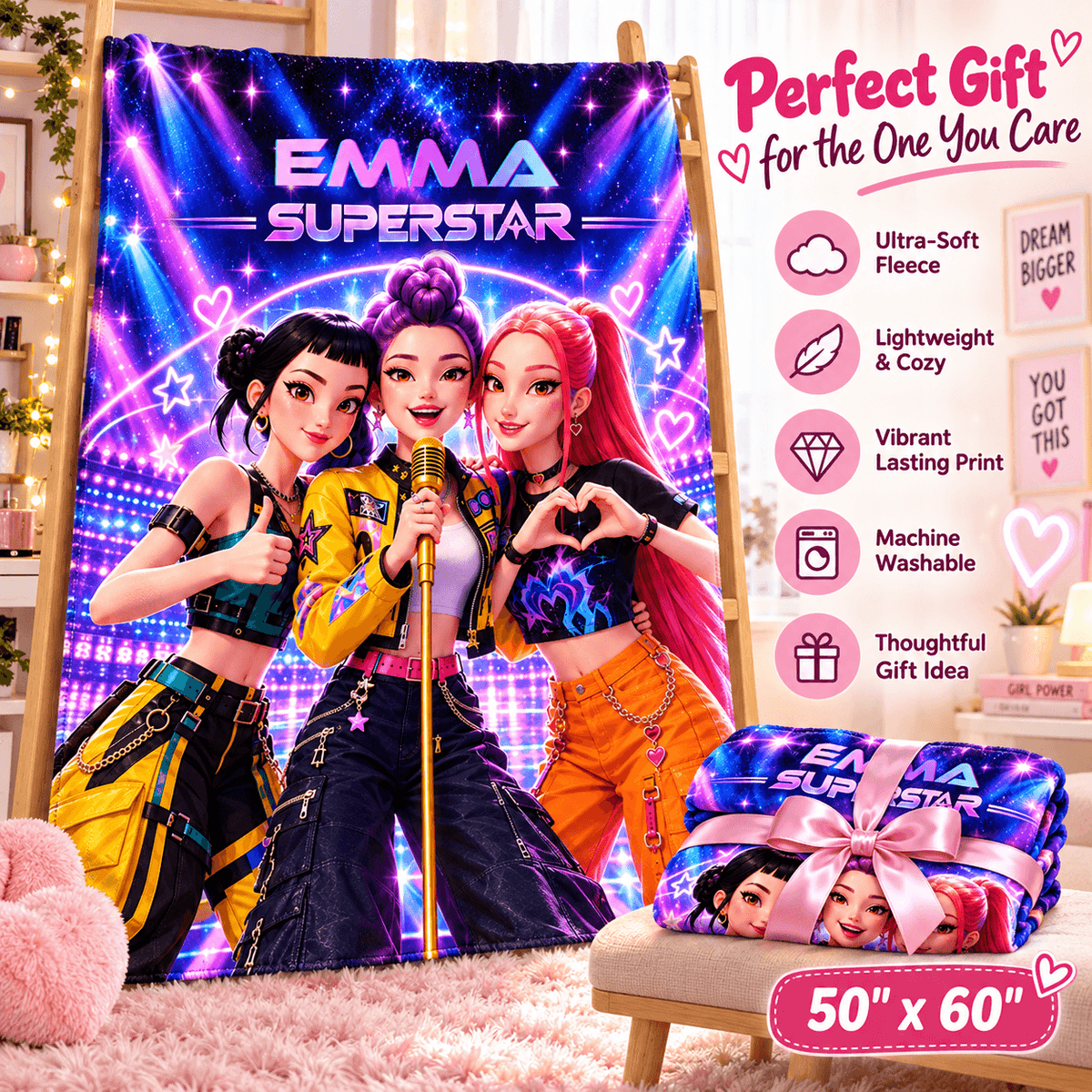 Personalized Girls Superstar Blanket With Name – Neon Pop Star Cozy Plush Fleece Blanket 50×60