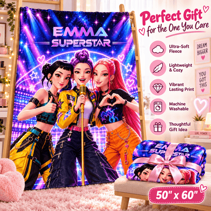 Personalized Girls Superstar Blanket With Name – Neon Pop Star Cozy Plush Fleece Blanket 50×60