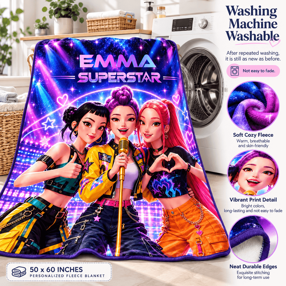 Personalized Girls Superstar Blanket With Name – Neon Pop Star Cozy Plush Fleece Blanket 50×60
