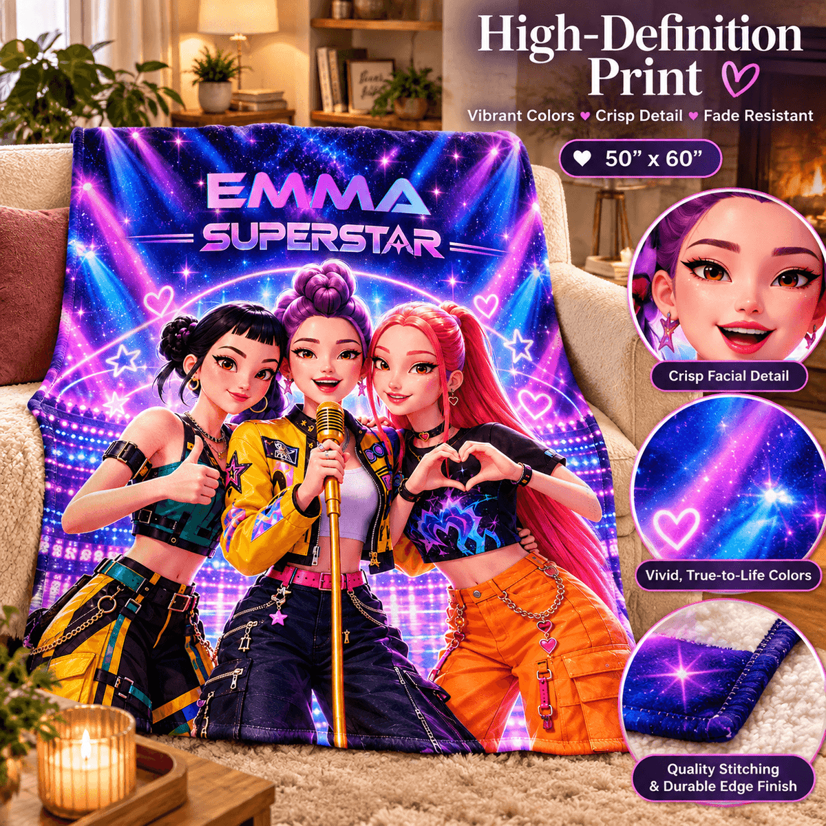 Personalized Girls Superstar Blanket With Name – Neon Pop Star Cozy Plush Fleece Blanket 50×60