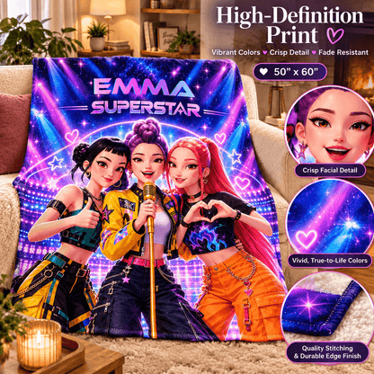Personalized Girls Superstar Blanket With Name – Neon Pop Star Cozy Plush Fleece Blanket 50×60