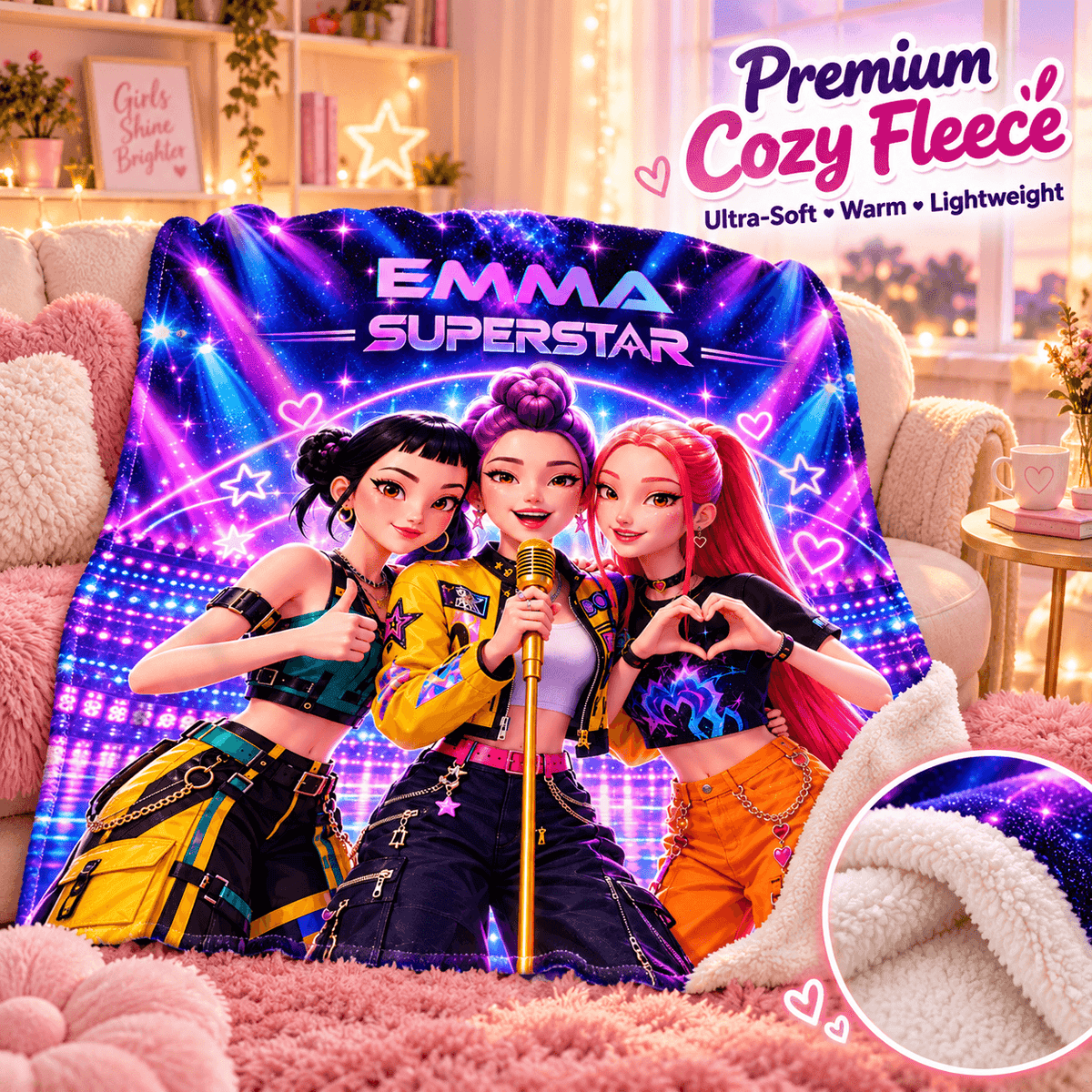 Personalized Girls Superstar Blanket With Name – Neon Pop Star Cozy Plush Fleece Blanket 50×60