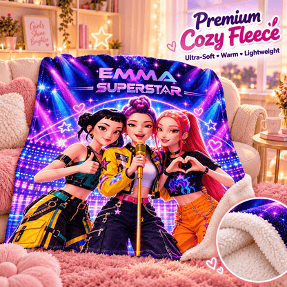 Personalized Girls Superstar Blanket With Name – Neon Pop Star Cozy Plush Fleece Blanket 50×60
