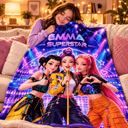 Personalized Girls Superstar Blanket With Name – Neon Pop Star Cozy Plush Fleece Blanket 50×60