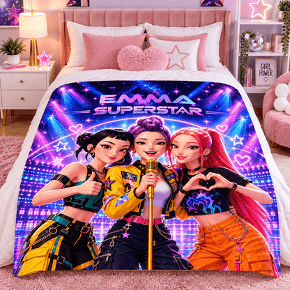 Personalized Girls Superstar Blanket With Name – Neon Pop Star Cozy Plush Fleece Blanket 50×60