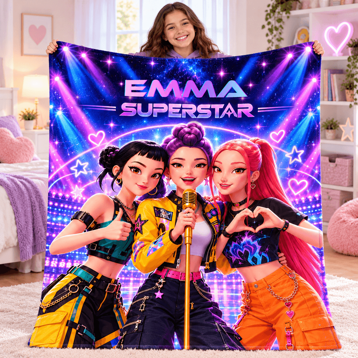 Personalized Girls Superstar Blanket With Name – Neon Pop Star Cozy Plush Fleece Blanket 50×60