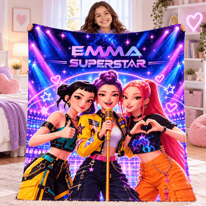 Personalized Girls Superstar Blanket With Name – Neon Pop Star Cozy Plush Fleece Blanket 50×60