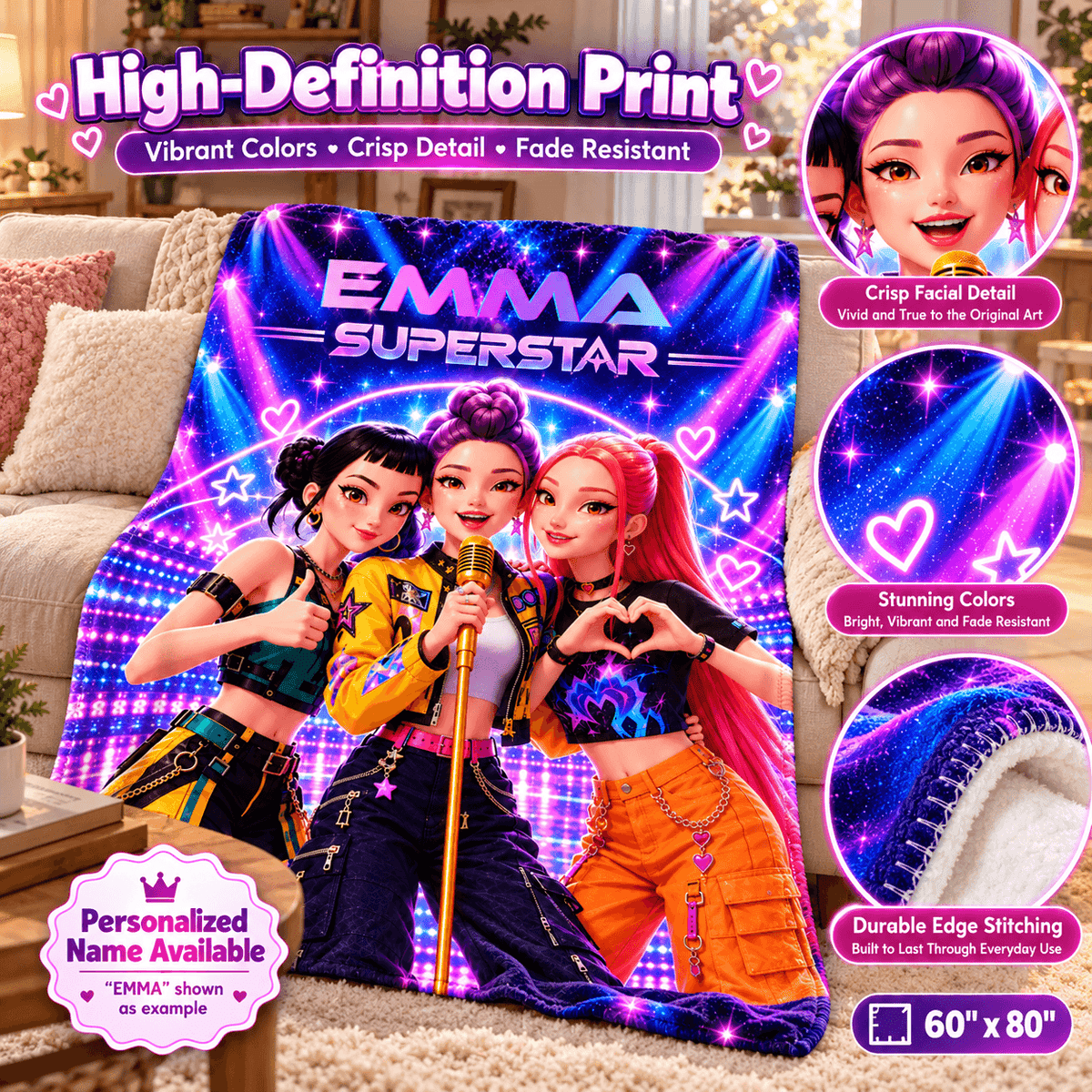 A colorful custom fleece blanket featuring three cartoon-style female singers with the text 'EMMA SUPERSTAR' on a couch in a living room. The image includes promotional callouts showing close-ups of the printed face art, vibrant colors, detailed stitching, and size information.