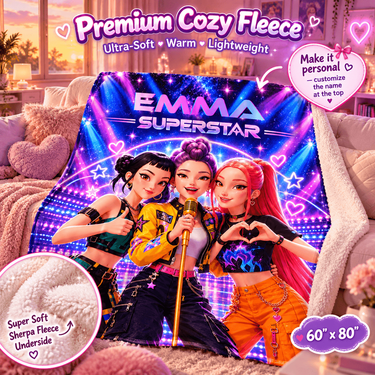 A fleece throw blanket draped over a couch in a living room setting, featuring a colorful printed design of three cartoon-style girls with the text 'EMMA SUPERSTAR' and heart graphics. The image includes promotional text overlays highlighting the blanket's soft, warm, and lightweight fleece material, along with customization options.