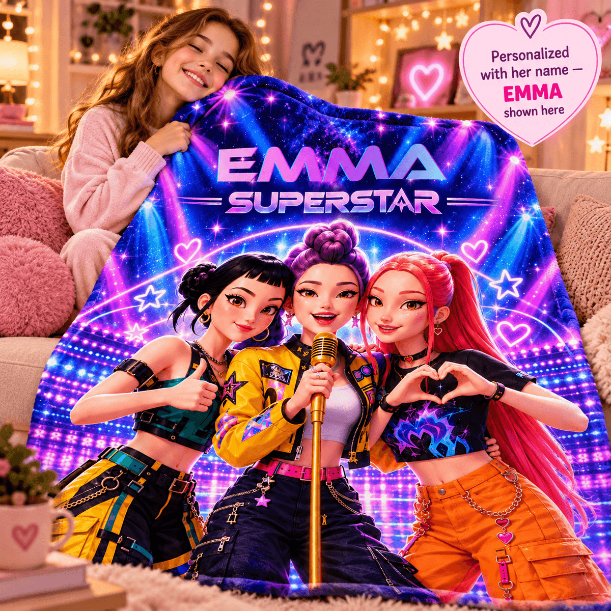 A personalized blanket featuring three cartoon-style girls with the text 'EMMA SUPERSTAR' and a pink heart-shaped badge that reads 'Personalized with her name - EMMA shown here.' A young girl is sitting on a couch holding up the blanket in a cozy, warmly lit living room setting.