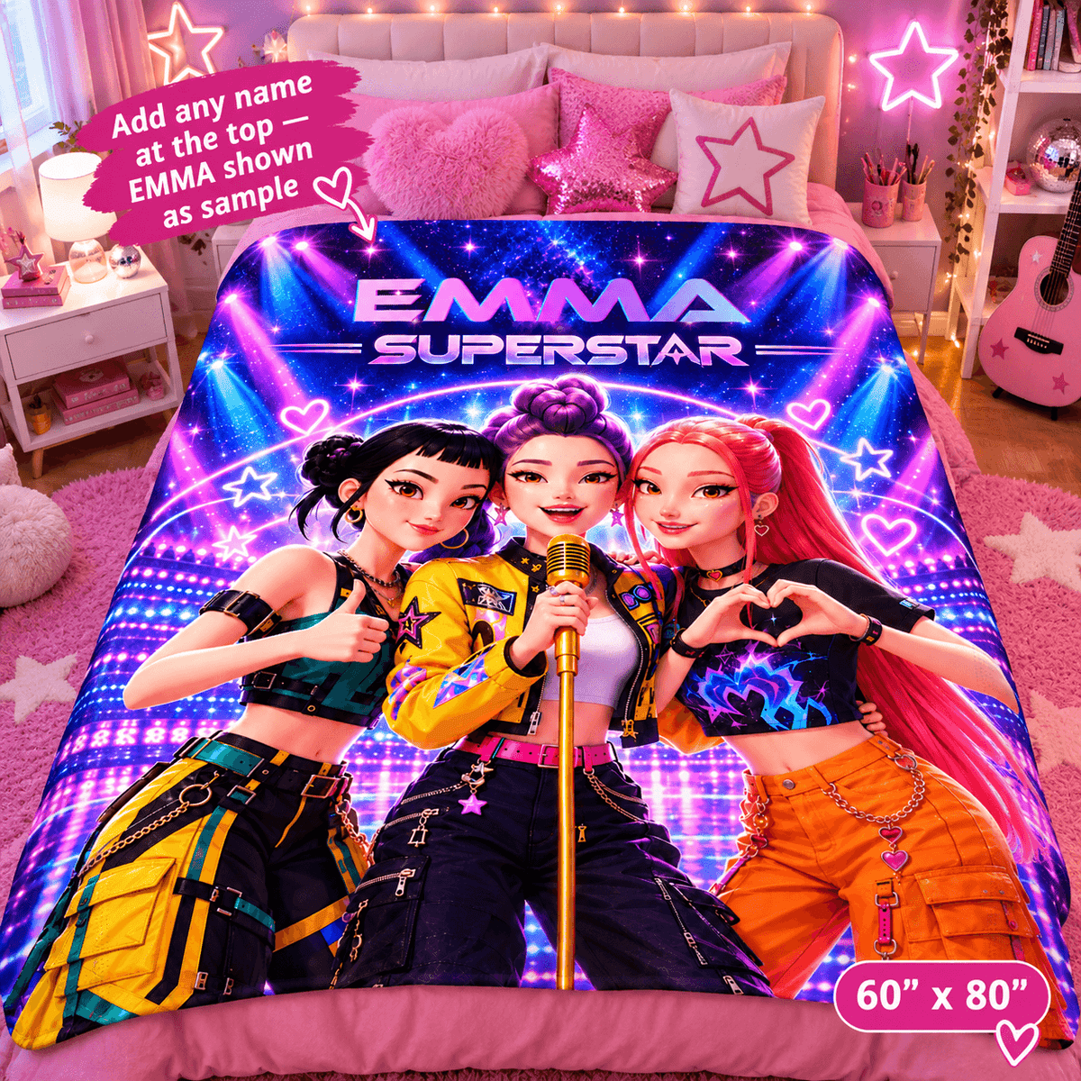 A colorful bedding set featuring a printed comforter or duvet with three cartoon female singers and the text 'EMMA SUPERSTAR' on a bed in a pink bedroom. The bedding includes a matching pink pillow shams and pillows, and the image includes promotional text overlays indicating size 60" x 80" and customizable name placement.
