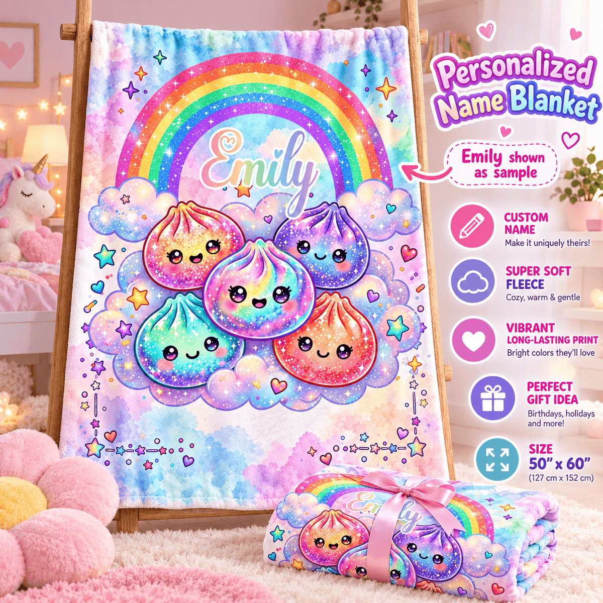 Personalized 50×60 Cozy Plush Fleece Blanket – Rainbow Kawaii Friends With Custom Name